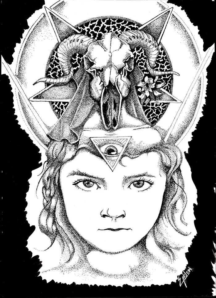 Demon girl - My, Graphics, Drawing, Girl, Demon, Baphomet, Dotwork