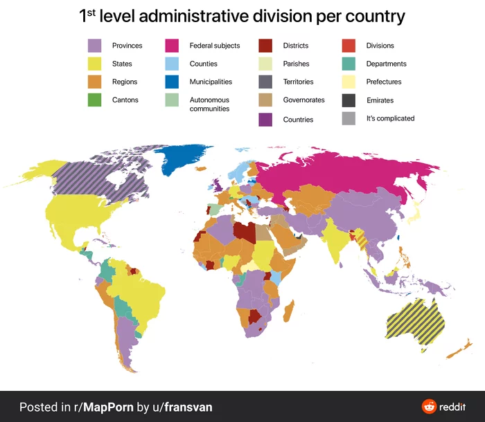 First level administrative units in different countries - Cards, Interesting, World map, Geography, Facts, Reddit