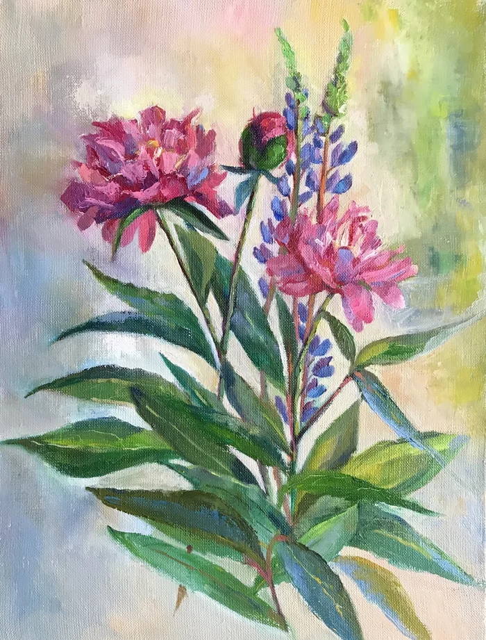 country bouquet - My, Oil painting, Painting, Summer, Peonies, Lupine, Luboff00