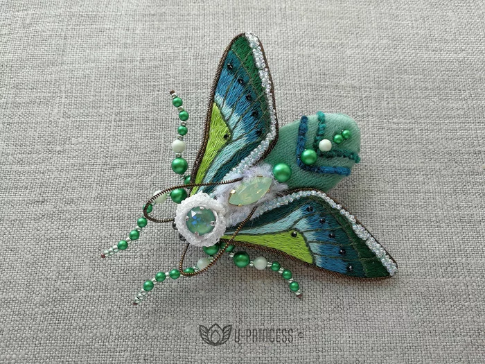 Brooch Cicada - My, Embroidery, Brooch, Cicada, Needlework, Needlework without process, Hobby, Satin stitch embroidery, Handmade, Longpost