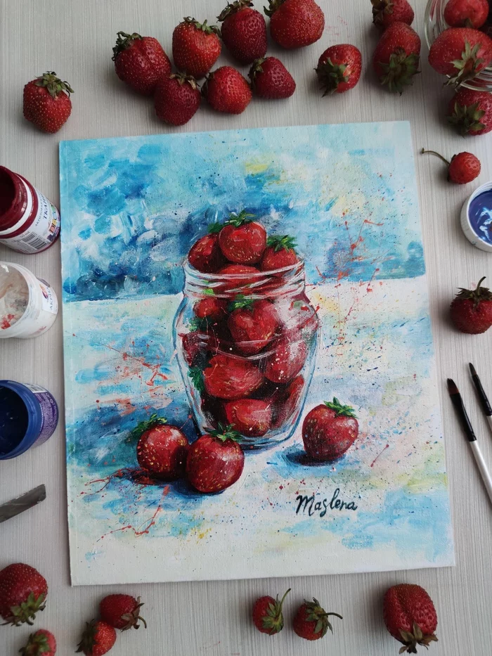 Strawberry Post - My, Creation, Still life, Acrylic, Needlework with process, Drawing, Painting, Strawberry, Video, Longpost, Strawberry plant, Strawberry (plant)