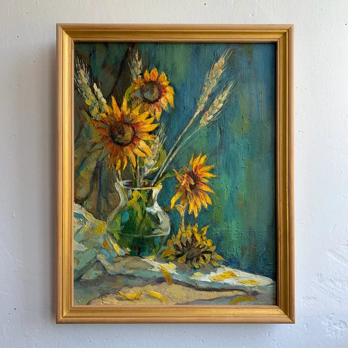 Van Gogh bitten Canvas. Oil 40x50 - My, Sunflower, Painting, Art, Artist, Still life, Impressionism