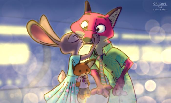 Tmok - Zootopia, Nick and Judy, Kiss, Milota, Romance, Qalcove, Art