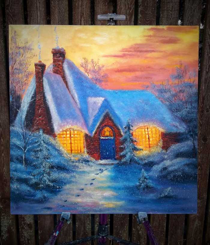 Painting based on Thomas Kinkade - My, Painting, Canvas, Interior, Interesting, Butter, Oil painting