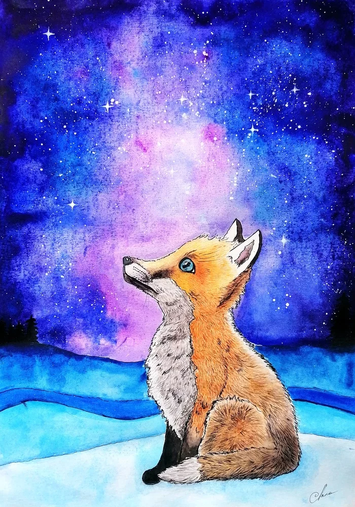 Light in the cold desert - My, Watercolor, Art, Drawing, Fox