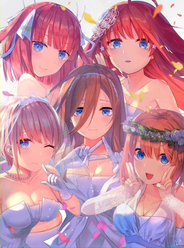 5 brides - Gotoubun no hanayome, Nakano miku, Nino nakano, Ichika Nakano, Nakano Itsuki, Nakano Yotsuba, Anime art, Anime