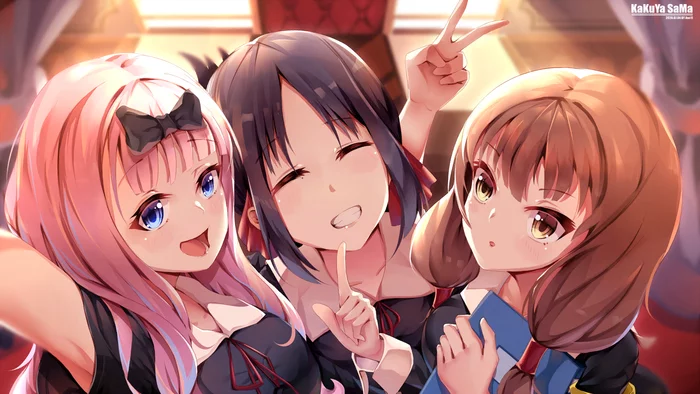 Selfie - Kaguya-Sama wa Kokurasetai, Shinomiya Kaguya, Fujiwara Chika, Miko Iino, Anime Art, Аниме