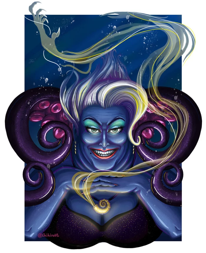 The fourth fan art from the #SixFanarts series - My, Walt disney company, Sixfanarts, Ursula, the little Mermaid, Ariel, Art, Digital drawing, Portrait