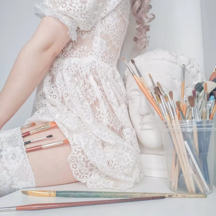 Art in your feed - NSFW, Girls, Longpost, Girl with tattoo, Brush, Stockings, Booty