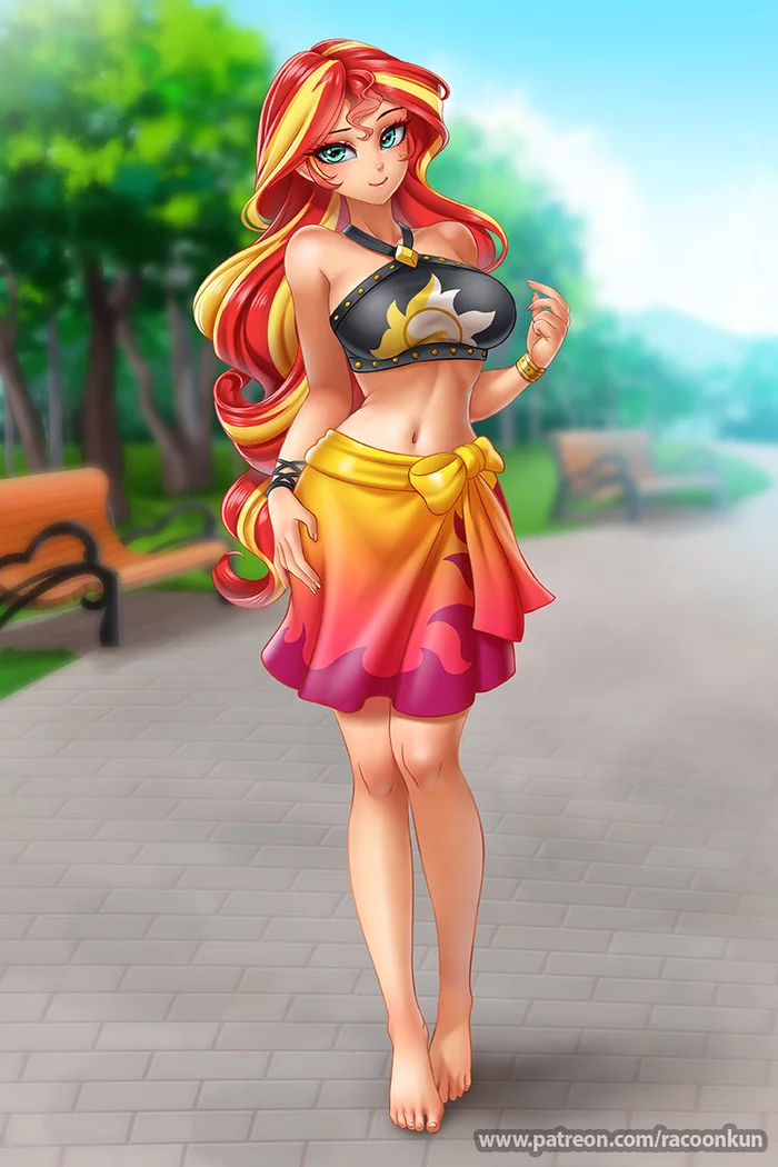 Shim in the park - NSFW, My little pony, Equestria girls, Sunset shimmer, MLP Edge, Art, Longpost, Racoonkun