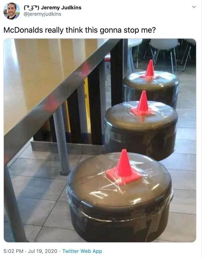 There are three chairs... - Chair, Cone, Two chairs, McDonald's, Quarantine, Humor, Screenshot, Social distance