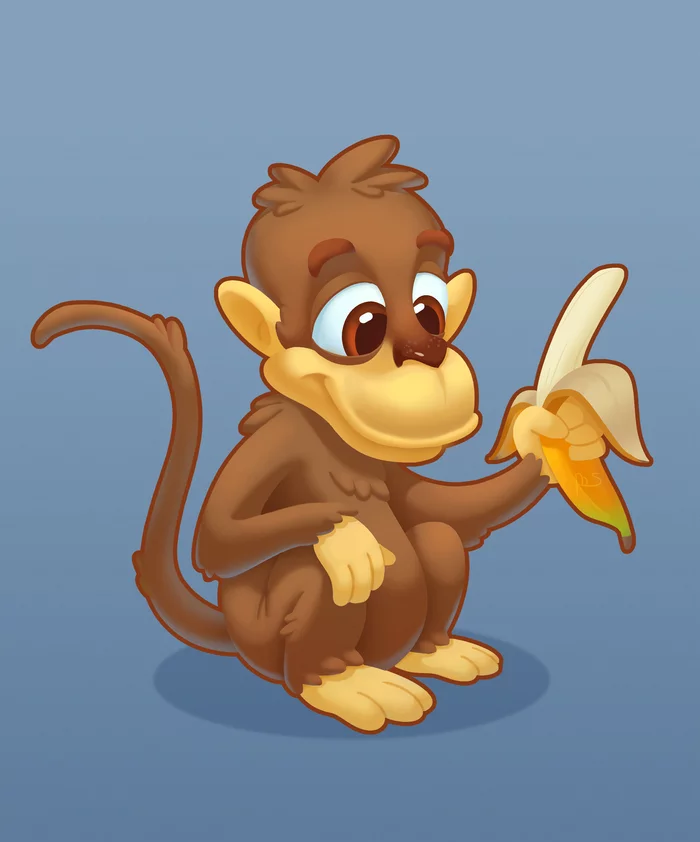 Monkey - My, Drawing, Digital drawing, Art, Animals, Monkey, Banana, 2D, Stylization