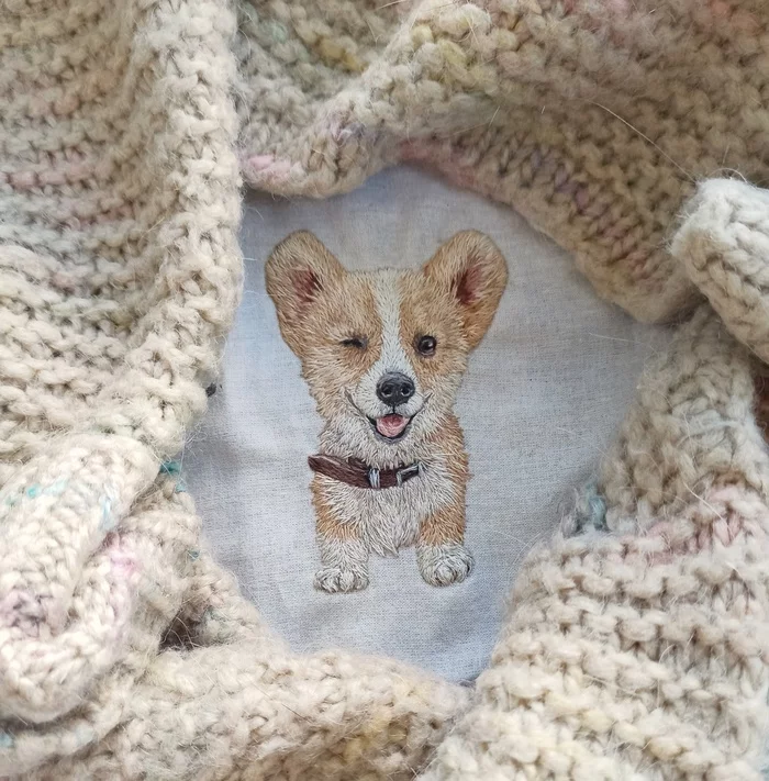 Embroidery Corgi - My, Embroidery, Satin stitch embroidery, Needlework without process, Needlework, Handmade, Hobby