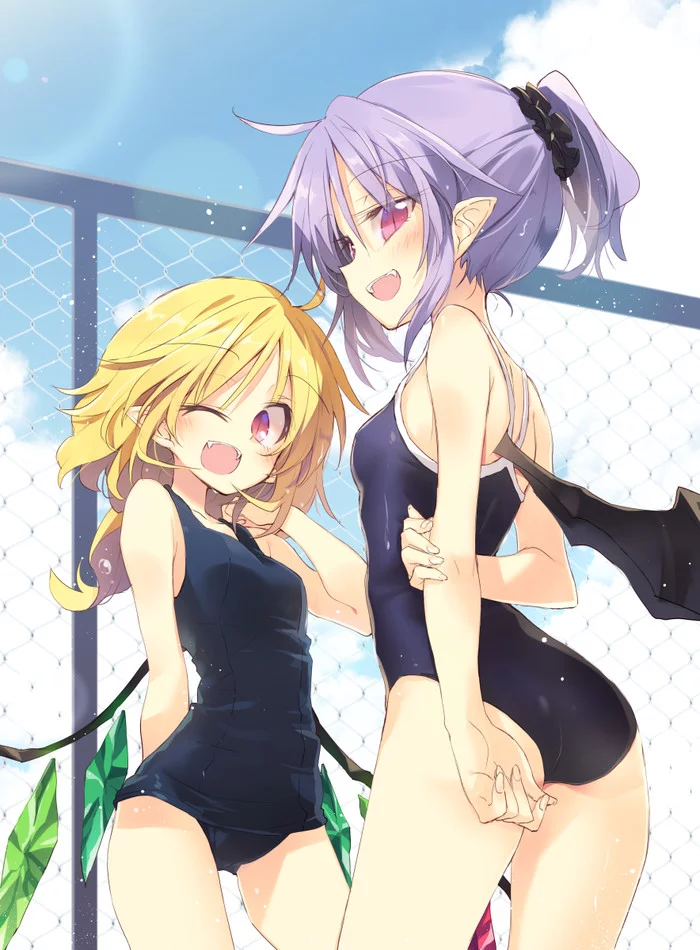 Scarlet sisters - NSFW, Anime, Anime art, Touhou, Remilia scarlet, Flandre scarlet, Satou kibi, Swimsuit, Sukumizu