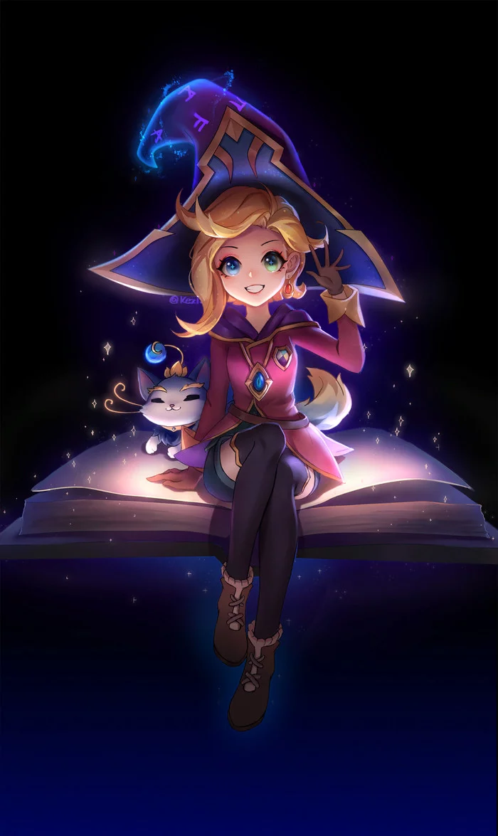 Zoe - Anime art, Anime, Girls, Drawing, League of legends, Zoe, Kezi, Hat, Books, Magic, Dark, Light, Mascot, Heterochromia, Game art, Longpost