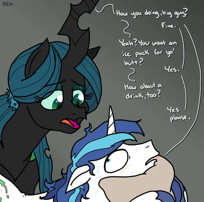 Caring Queen and tired captain of the royal guard - My little pony, Queen chrysalis, Shining armor