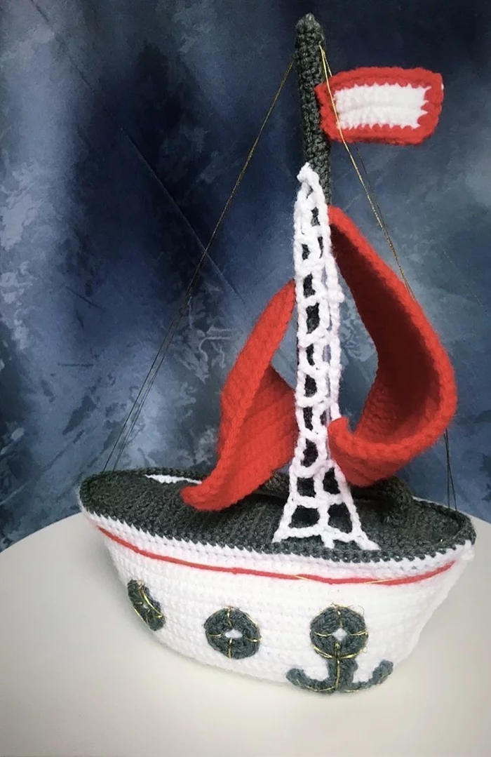 Knitted boat - My, Crochet, Knitted toys, Ship, Toys, Longpost, Needlework without process