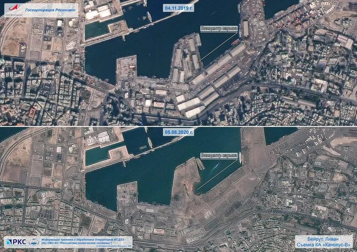 Roscosmos showed pictures of the port in Beirut before and after the explosion - Beirut, Tragedy, Explosion, The photo, Roscosmos, , Twitter, Lebanon, , Explosions in the port of Beirut, Pictures from space