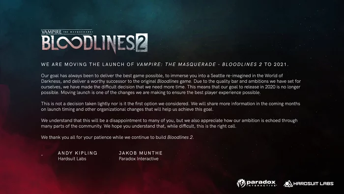 Релиз Bloodlines 2 отложен на 2021 год - Vtm: Bloodlines 2, World of Darkness, Мир тьмы, Игры, Компьютерные игры, Vampire: The Masquerade