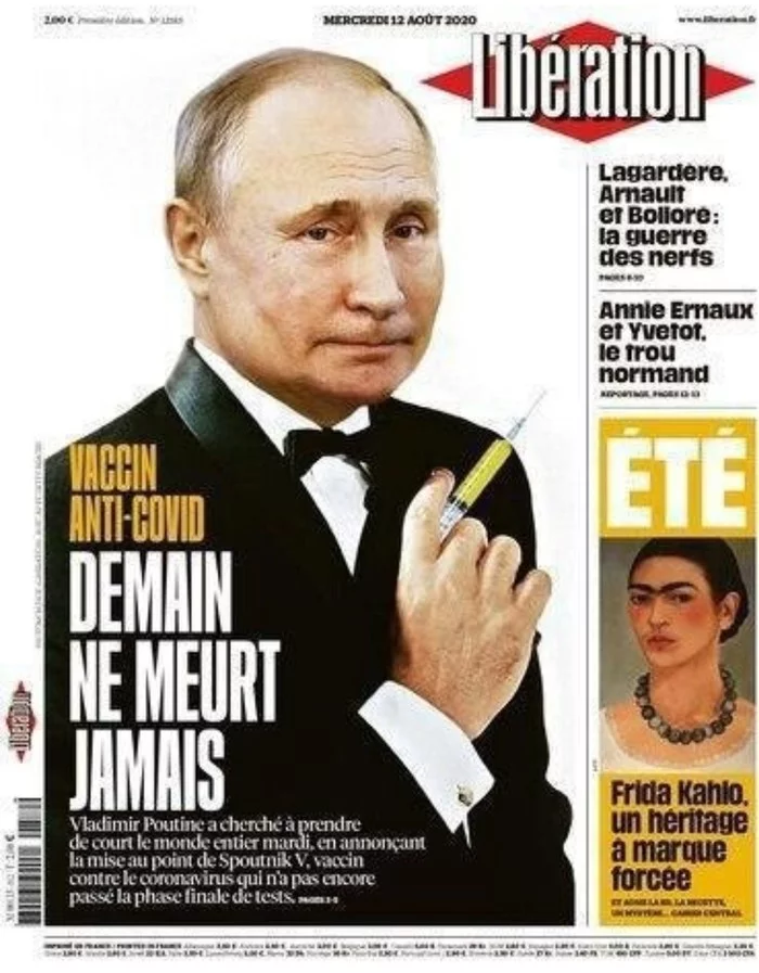 Cover of today's issue of the French magazine Libration: “Anti-COVID Vaccine. - From the network, French, Magazine, Vaccine, Anti, Virus, Vladimir Putin, Cover