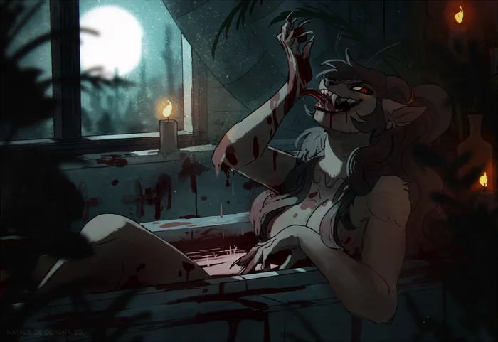 Blood bath - Nataliedecorsair, Furry, Art, Blood, Night, Furry edge