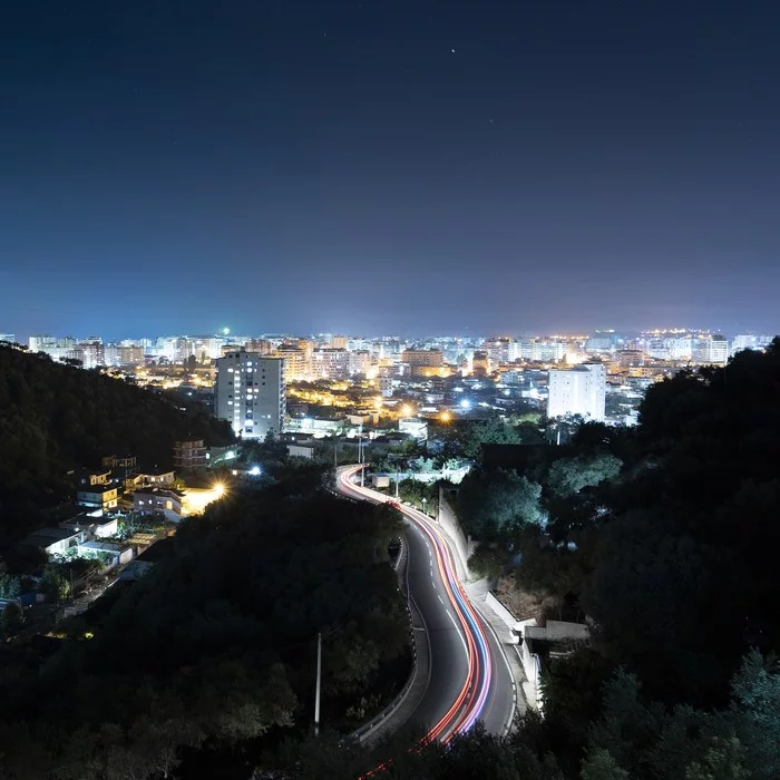 View of the Albanian city of Vlora - My, The photo, Night city, Road, Long exposure, Albania, Travels