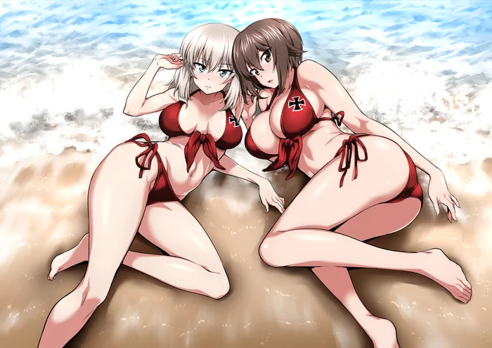 Erika and Maho - NSFW, Anime, Anime art, Girls und panzer, Itsumi Erika, Nishizumi maho, Swimsuit