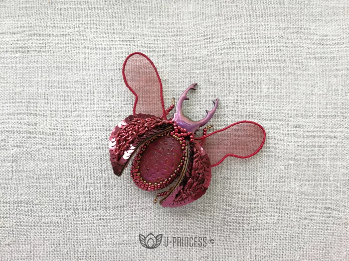 Stag beetle in wine tones :) - My, Beads, Brooch, Deer Beetle, Needlework without process, Sequins, Hobby, Longpost