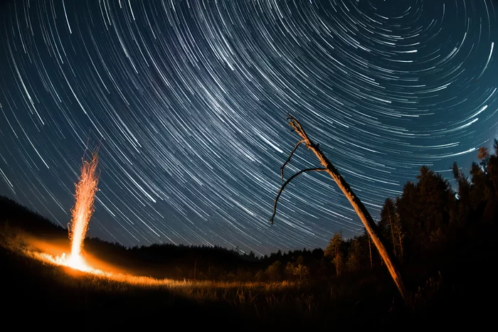 Night on the swamp - My, Starstax, Startrails, Star Tracks, Starry sky, Long exposure, Swamp, Bonfire