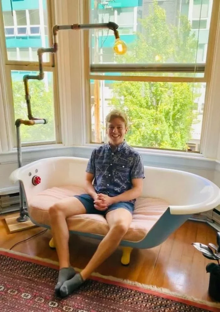 I don't understand what makes him happy... - Bath, Furniture, Guys, Lamp, Sofa, Pipe, Design