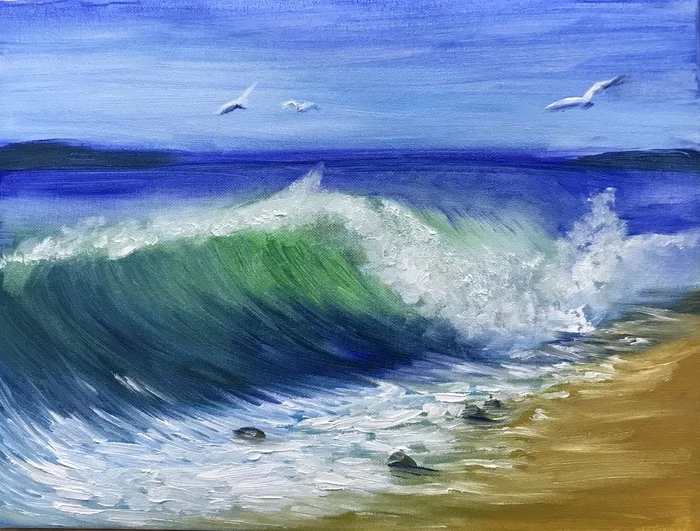 My second picture - My, Oil painting, Painting, Painting, Landscape, Sea, Wave, Learning to draw, Beginner artist