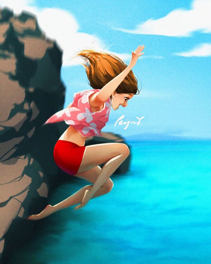 Заряд адреналина Рисунок, Девушки, Прыжок, Океан, Адреналин, Арт, Peijin Yang