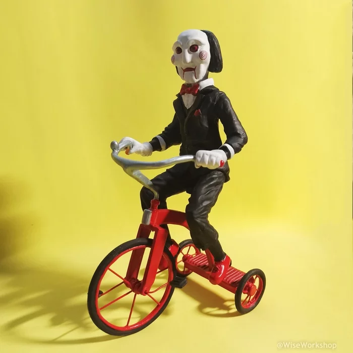 Billy doll on a bicycle made of polymer clay from the Saw film series - My, Billy Doll, Polymer clay, Handmade dolls, Figurines, With your own hands, Handmade, Longpost, Needlework with process