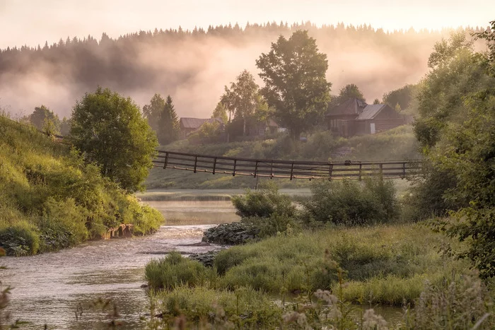 Morning in the valley of the Kusya river - Perm Territory, River, Nature, Fog, Village, The photo