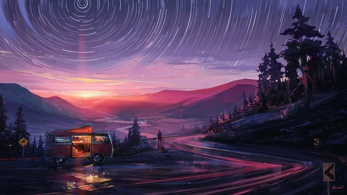 Out of time - Art, Drawing, Road, Auto, Sky, Alena Aenami