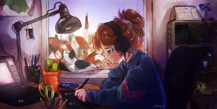 Lo-Fi Girl in the style of different countries - Reddit, Art, Country, Longpost, Lofi hip-hop radio, Drawing, Challenge, Style