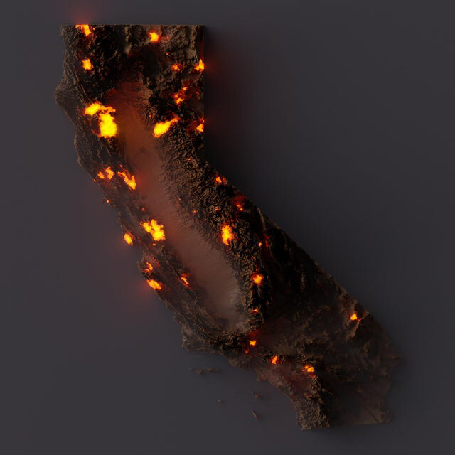 3D rendered relief map of California borders with wildfires, 2020 - 3D, California, Forest fires, Cards, The photo, From the network