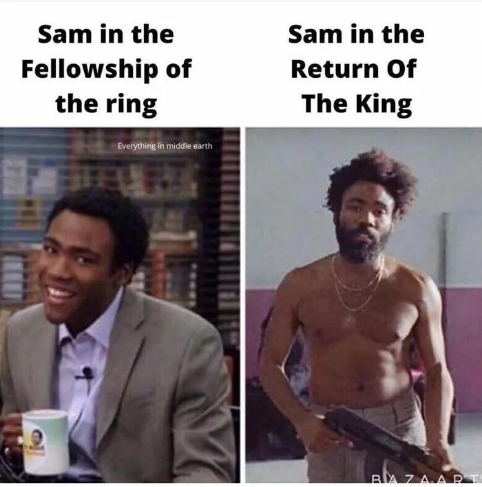 Samwise Gamgee in The Fellowship of the Ring and The Return of the King - Picture with text, Lord of the Rings, Sam Gamgee, Comparison, Donald Glover