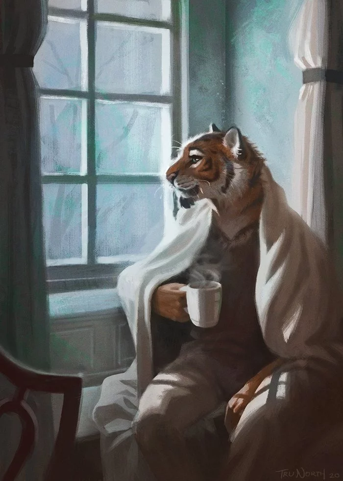 Good morning - Furry, Tiger, Window, Coffee, Trunorth, Art