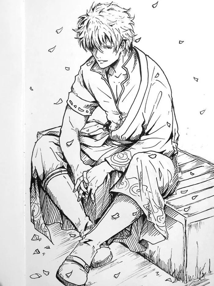 First page of sketchbook - My, Anelien, Inktober, Anime art, Anime, Gintama, Black and white, Challenge, Drawing, Creation