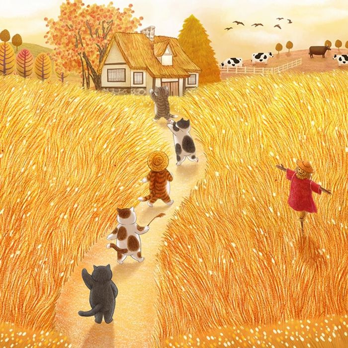 Autumn in the village - Art, Drawing, Autumn, Village, cat, Nyangsongi