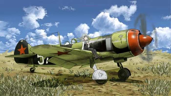 And when the first ray of the Sun glides over the cold water, meet us... we have returned home... - Anime, Anime art, LA-5, Fighter, Airplane, Strike Witches, Sanya V Litvyak