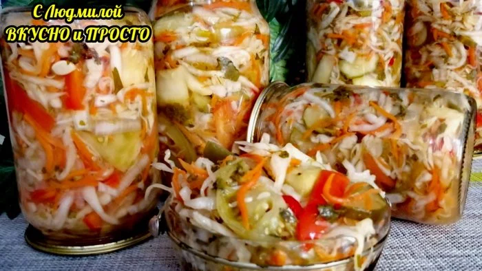 Vegetable salad for the winter Kuban or what's left in the garden - My, Recipe, Video recipe, Food, Preparation, Canning, Vegetables, The best, Cabbage, Tomatoes, Zucchini, Cucumbers, Video, Longpost