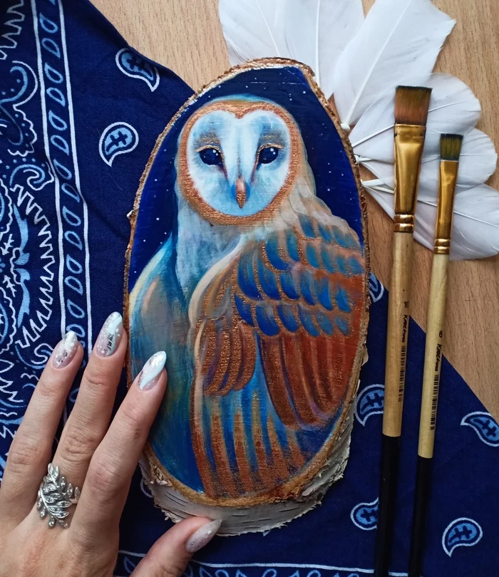 Owl portrait - My, Owl, Art, Painting, Painting on wood, Acrylic, Video, Longpost