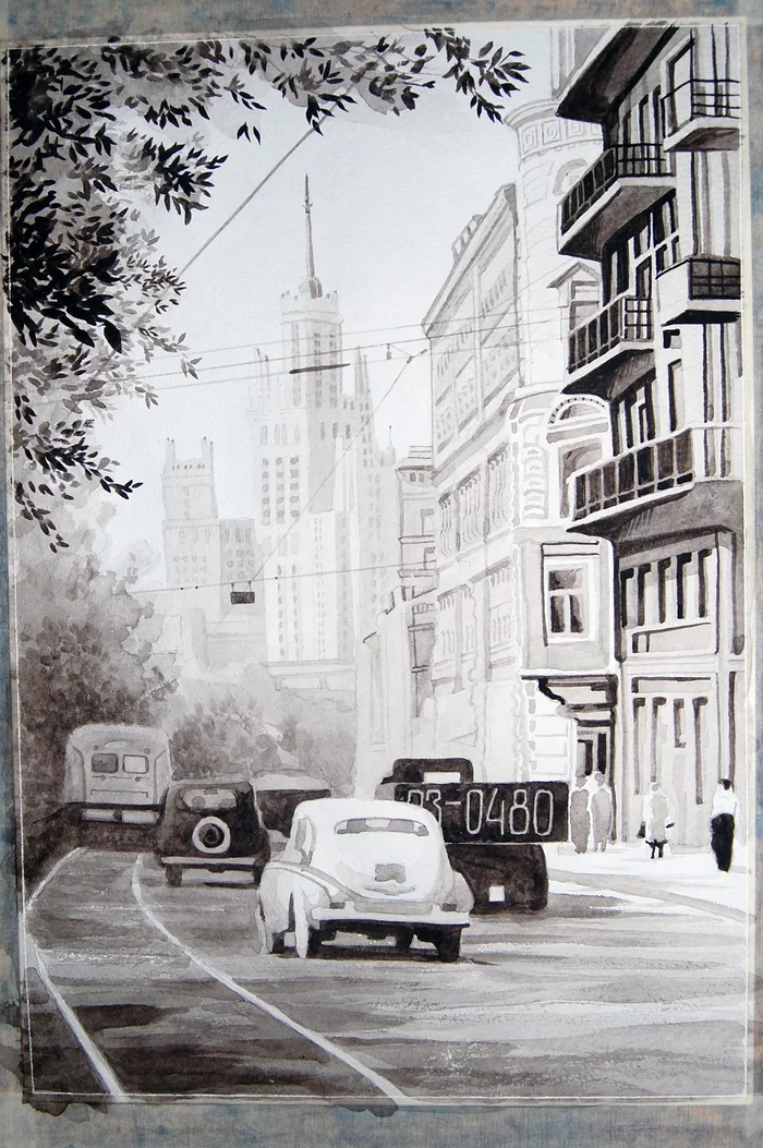 Old Moscow - My, Drawing, Watercolor, Black and white, Creation, Painting, Moscow, Retro