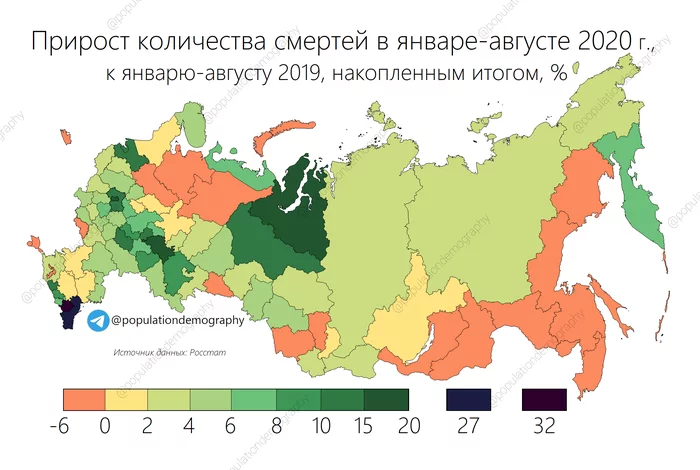 Excess mortality in Russia in January-August 2020 compared to January-August 2019, % - Coronavirus, Statistics