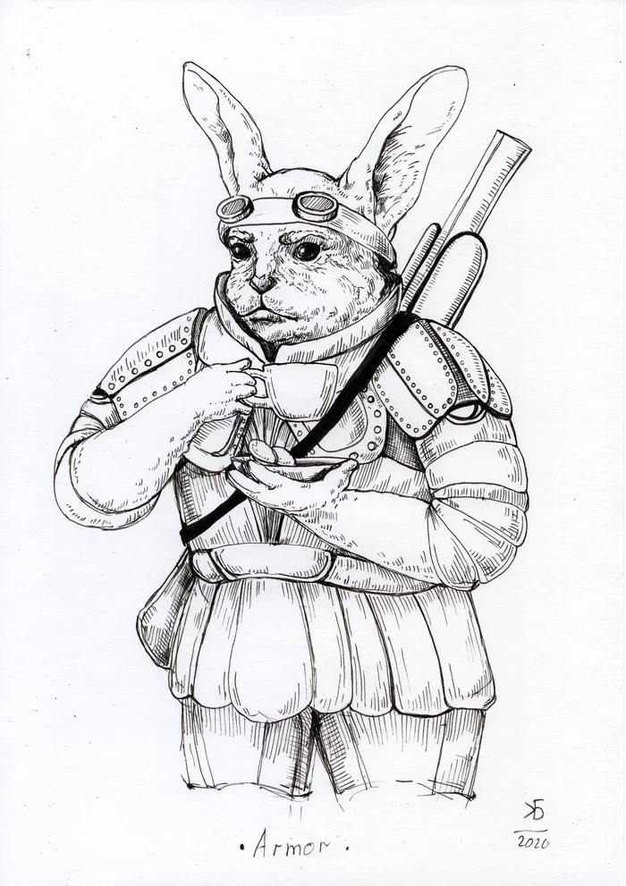 Inktober 2020. Day 14 - Armor - My, Inktober, Drawing, Rabbit, Illustrations, Armor, Mascara