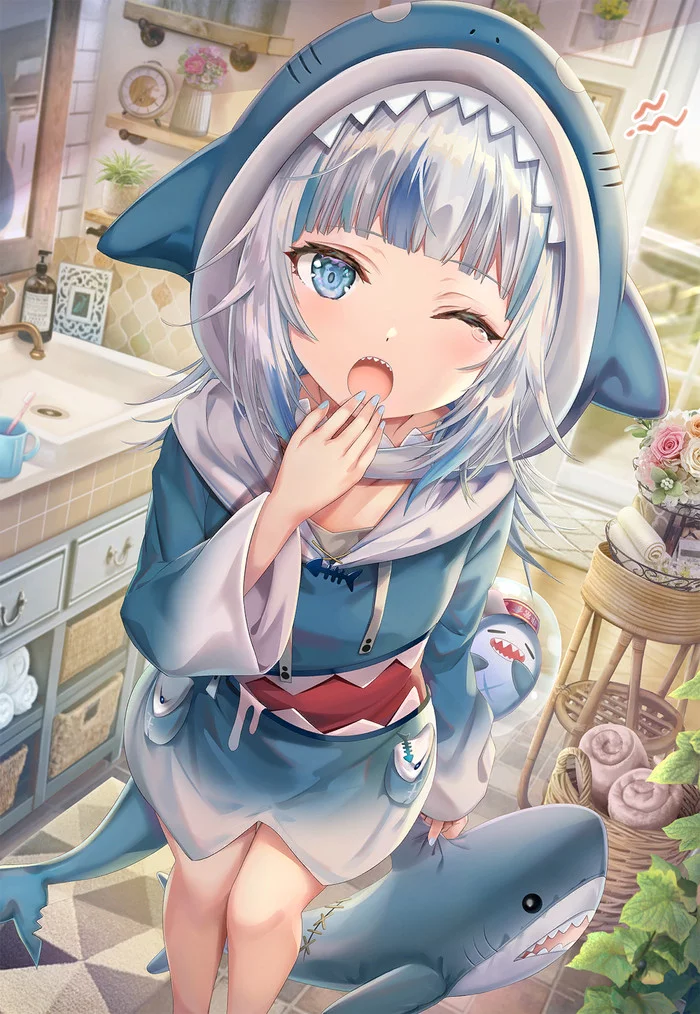 Morning - Gawr gura, Hololive, Virtual youtuber, Anime art, Anime, Blohey