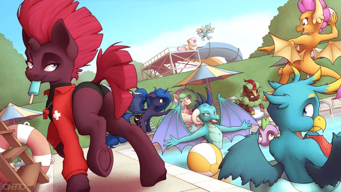 Pool Party - My little pony, PonyArt, Tempest shadow, Fluttershy, Rainbow dash, Princess luna, Princess celestia, Princess ember, Gallus, Spike, Smolder, Cinder glow, Ohemo