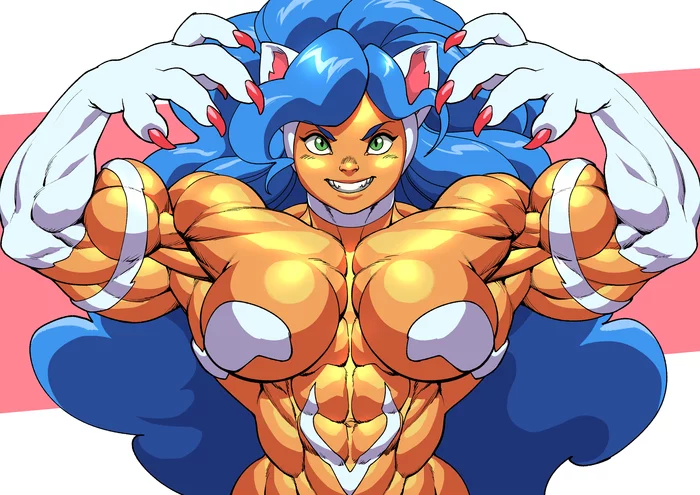 New size Felicia - NSFW, Strong girl, Art, Muscleart, FMG, Extreme muscles, Darkstalkers, Felicia, Monster girl, Anime, Anime art, Pokkuti, Longpost